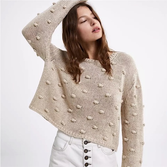 Zara Sweaters - Zara Linen Blend Pom Pom Knit Cropped Sweater Size Small